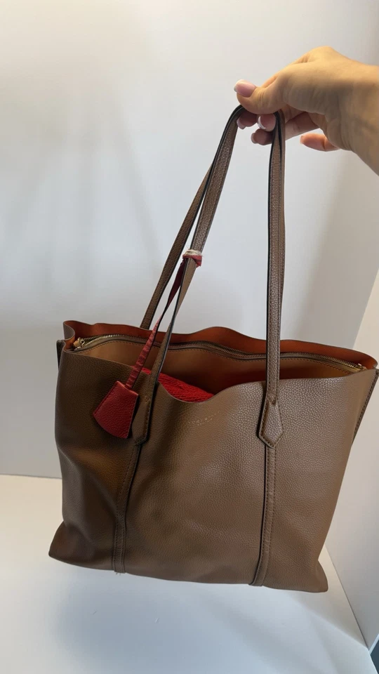 Tory Burch Perry Large Leather Tote Brown Orange Interior Shoulder Bag - Image 3 of 4