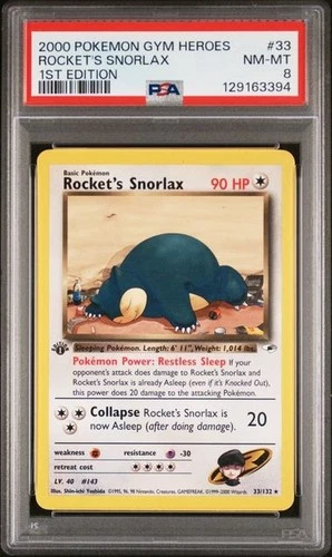 2000 POKEMON GYM HEROES 1ST ED #33 ROCKET'S SNORLAX PSA 8