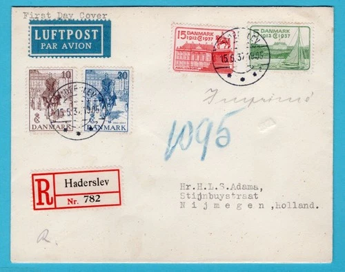 DENMARK R air FDC 1937 Haderslev to Nijmegen, Netherlands