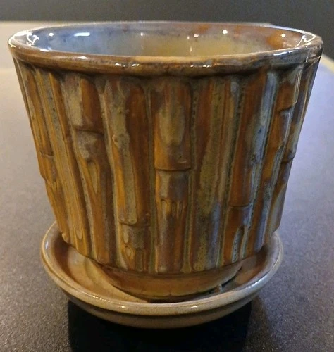 Vintage McCoy Bamboo Pattern Planter, Attached Saucer,  Drain Hole