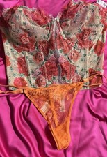 Victoria's Secret Floral Lace Overbust Corset 36D Beige Red Green Orange