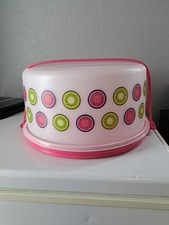 RARE Tupperware Maxi Round Cake Taker FRUIT handle Watermelon Kiwi 1256D PINK
