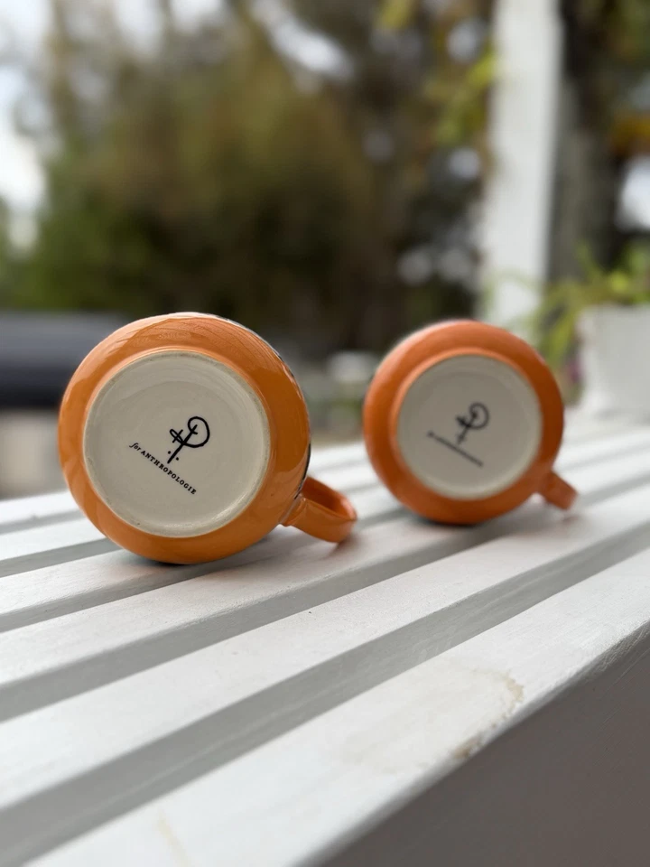 Anthropologie Coffee Mug: Orange with Dogs and Flowers 16 oz Ceramic Cup - Image 3 of 4