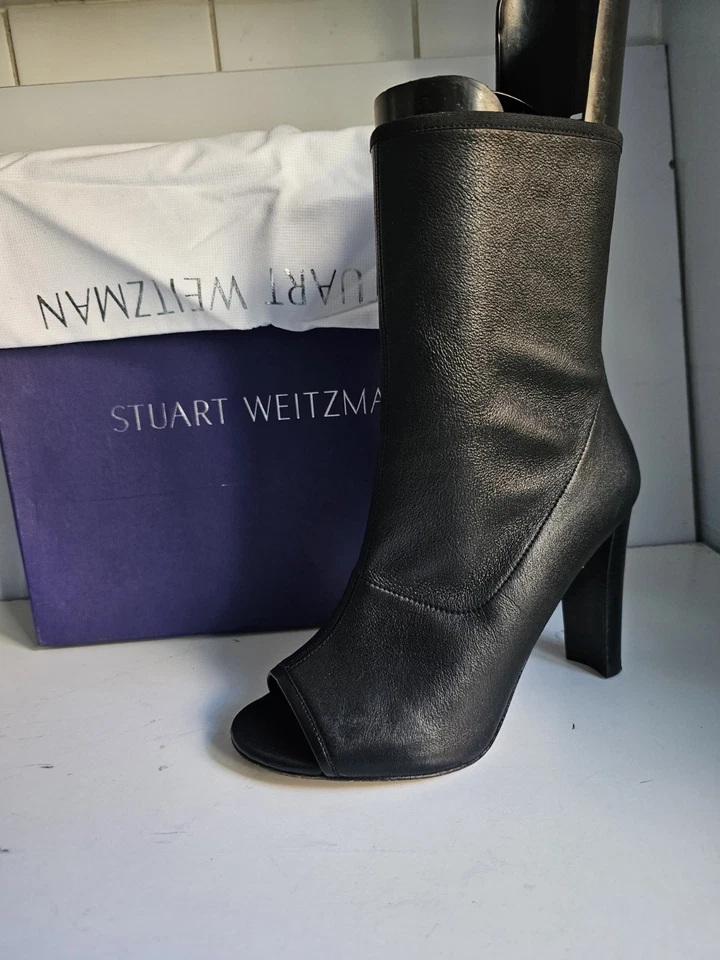 STUART WEITZMAN DESIGNER UK 4 EU 37 WOMENS BLACK LEATHER ANKLE HIGH HEELS BOOTS - Image 2 of 4
