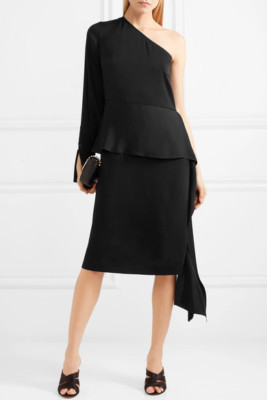 black one shoulder peplum dress STELLA McCARTNEY Black One Shoulder Draped Peplum Stretch Midi Dress 42 = 8  US M