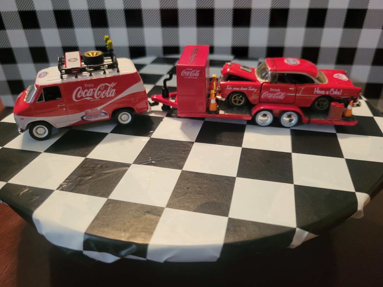 M2 Customized Coca-Cola Set Of 71 Chevy G10 Van,55Chevy Bel-Air Drag Car&Trailer