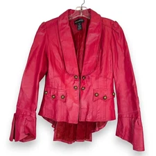 Vintage Y2K Red Tuxedo Tail Leather Jacket Small Brass Buttons Retro