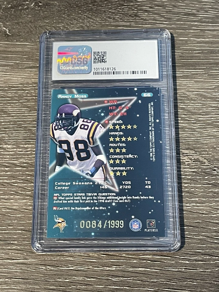 1998 Topps Stars Randy Moss RC Rookie GOLD JERSEY # 84/1999 🏦 CSG 8.5 🏦 HOF - Image 2 of 2