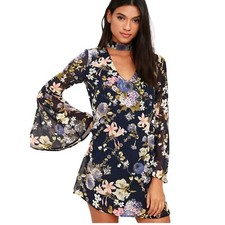 Lulus Womens Feeling Of Love Navy Blue Floral Print Mini Shift Dress Size Small