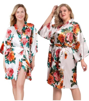 NEW White Floral Satin Kimono Short Bath Robe Lingerie, Sleepwear Wms Sz 2X/3X