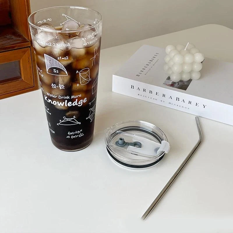 Taza de utensilios de vidrio transparente con tapa patrón matemático de gran capacidad de 1000 ml Foto 4 de 4