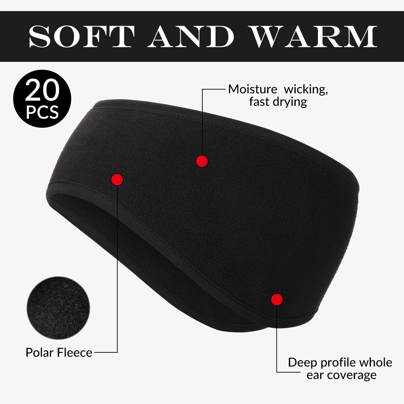 20 Pcs Headband Ear Warmer Polar Fleece Winter Ear Muffs Running Gear Black