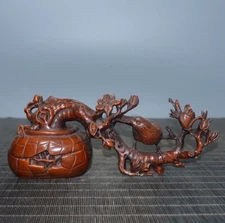 Chinese Natural Boxwood Carving Exquisite Flower Bird Statue Decor Sculpture Art