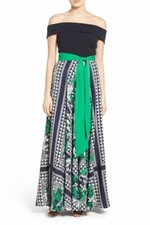 ELIZA J Off the Shoulder Gown Sz 12 Navy Blue Green Floral Tribal Dress MAXI G2