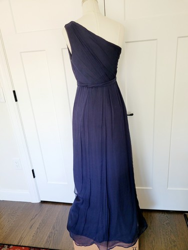 Amsale Dress Navy Blue 100% Silk One Shoulder Rouched Gown Belt Side Zip Size 6 - Picture 3 of 12
