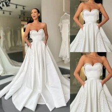 Pearls Satin Wedding Dresses with Pocket Strapless Sleeveless A Line Bridal Gown