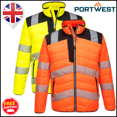 Portwest Hi Vis Reflective Tape Baffle Jacket Work Insulated Padded Safety Coat - Afbeelding 1 van 11
