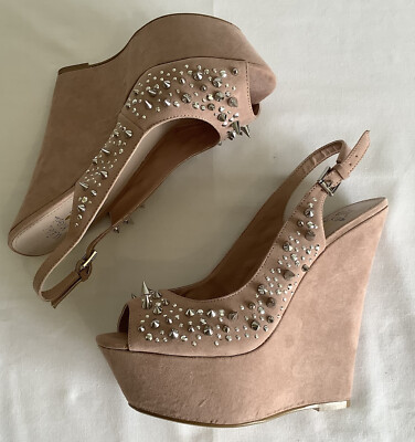 Miss KG Pale Pink Faux Suede Stud Rhinestone Peeptoe Wedges