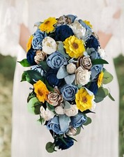 Dusty Blue Navy Sunflower Sola Wood Cascade Bridal Bouquet  Wedding Flowers