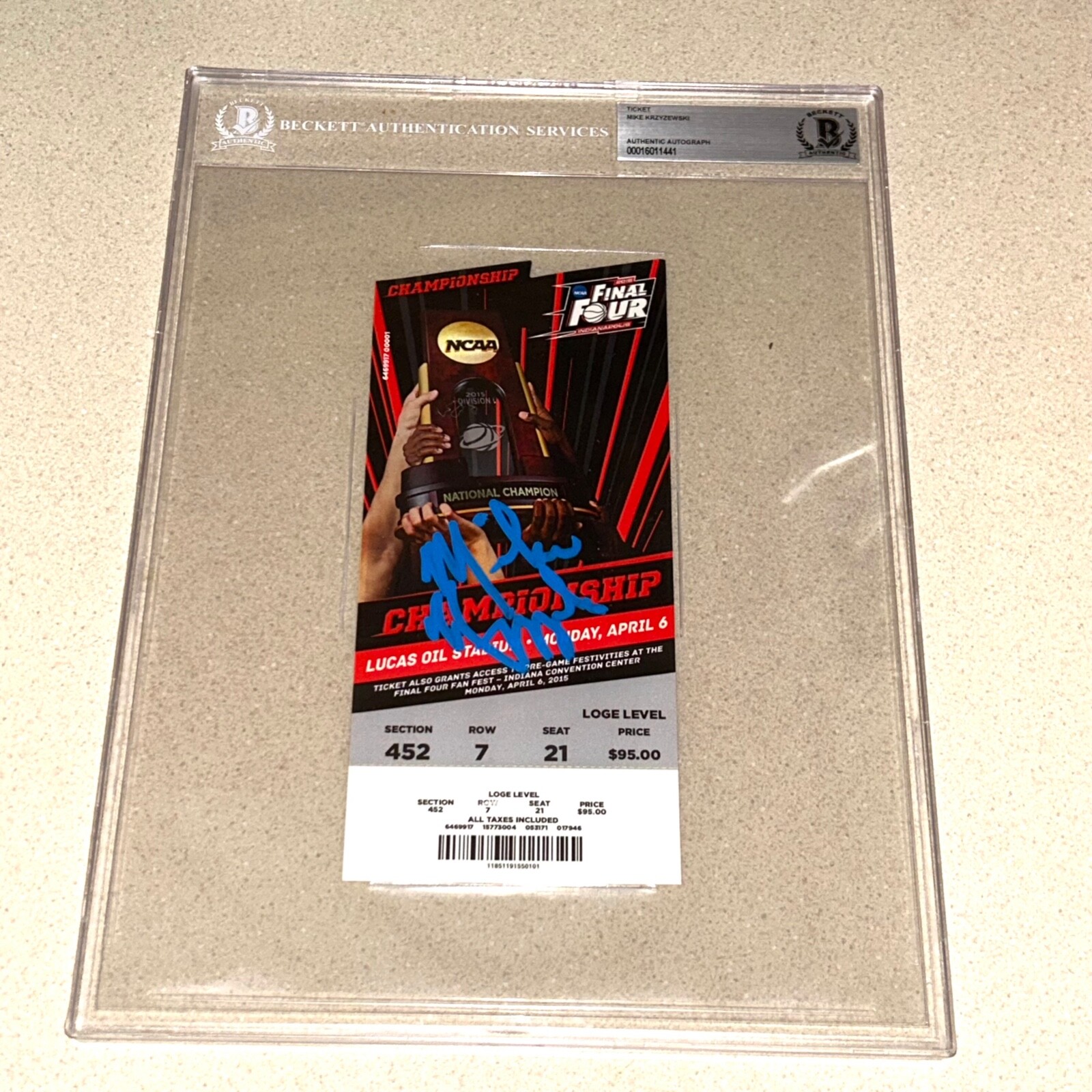 Mike Krzyzewski Autographed Signed Duke Blue Devils COACH K DUKE 2015 FINAL FOUR TICKET STUB BECKETT SLABBED 