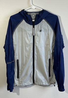 American Eagle Outfitters Men s M Windbreaker Navy Blue Gray Hooded Full Zip