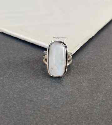 Rainbow Moonstone Silver Ring, 925 Sterling Silver Rectangle Shape Gemstone Ring