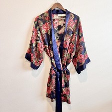 Victoria  s Secret Gold Label Satin Kimono Robe One Size Floral Paisley Sheer Vtg