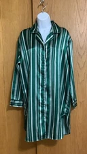 WOMEN Sz L "KATHRN" GREEN STRIPE SATIN LONG SLEEVE BUTTON SLEEP SHIRT NIGHTGOWN
