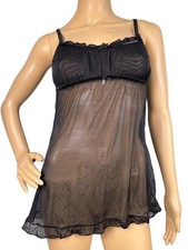 Black Sheer Mesh Babydoll Lingerie Chemise Ruffle Hem Spaghetti Strap Mini