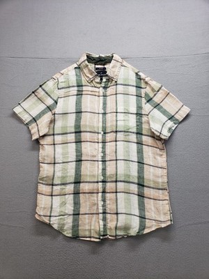 Daniel Hechter Men Shirt M Green Plaid Short Sleeve Button Up Linen Modern Fit