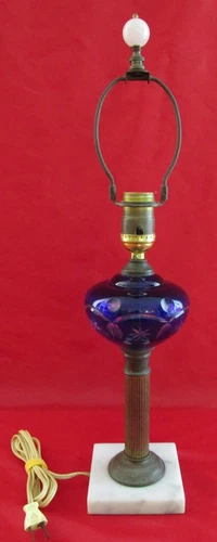 💡 Vintage Bohemian Cut Cobalt Blue Glass & Brass Lamp ✨ 19.5" Tall, Marble Base