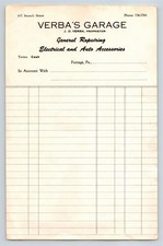Verbas Garage Portage Pennsylvania Vintage Blank Invoice Auto Accessories