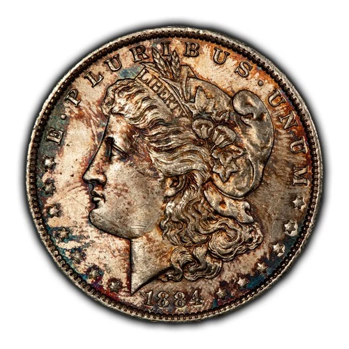 1884-O $1 Morgan Silver Dollar - Rainbow Accent Toning - BU - SKU-D6378