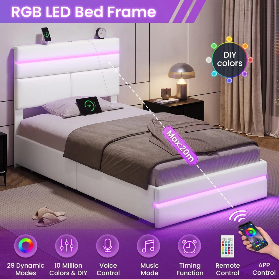 Каркас двуспальной кровати со светодиодной подсветкой и ящиками для хранения, мягкая кровать-платформа - Изображение 4 из 4