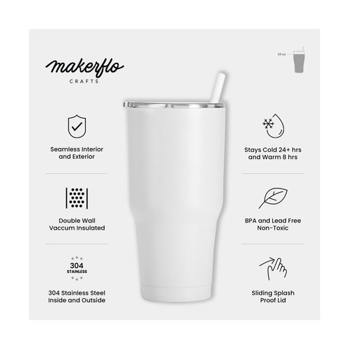 makerflo 30 oz White Powder Coated Tumbler - 25 Pack with Lid and Straw | Cra... - 第 7/9 張圖片