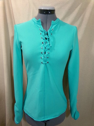 New Lace Up Henley T-shirt Top XS Mint Green Bullet texture fabric Ruched sleeve - Picture 2 of 6