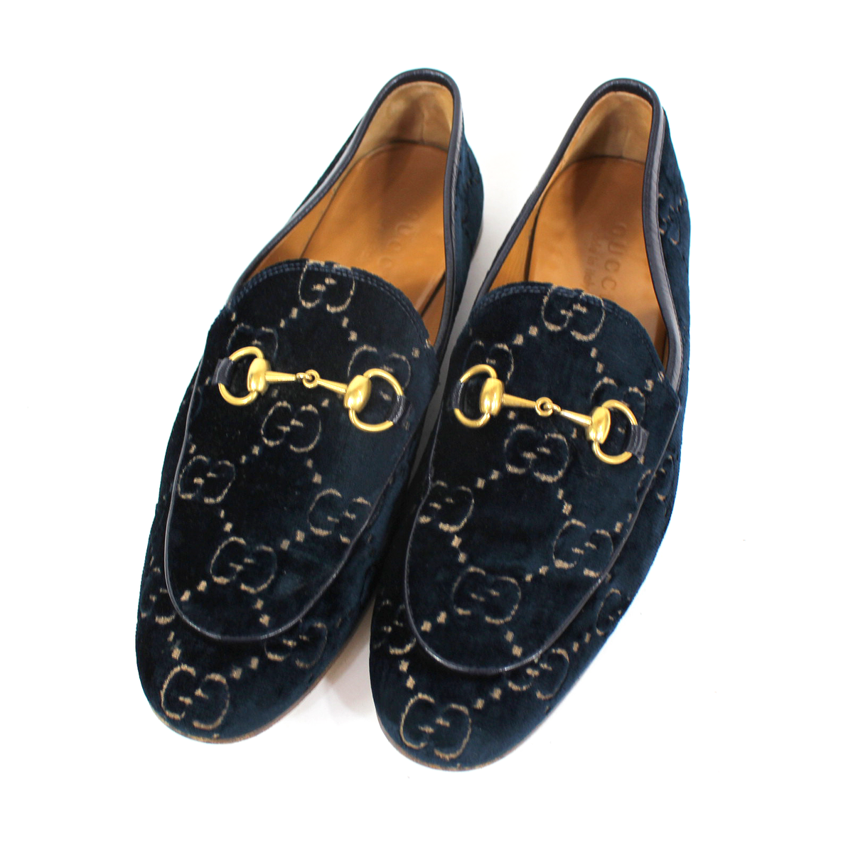 GUCCI GG Navy Blue Velvet Gold Horsebit Slip-On Jordaan GUCCI GG Navy Blue Velvet Gold Horsebit Slip-On Jordaan