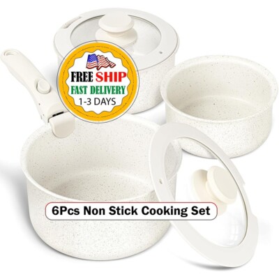 Set De Ollas Y Sartenes Antiadherentes De Granito Blanco De 6 Piezas Con Tapas