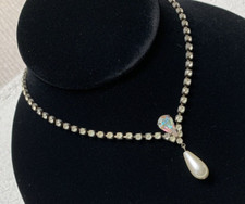 Vintage Estate MCM Sparkly Rhinestone Choker Necklace Pearl Teardrop Dangle n264