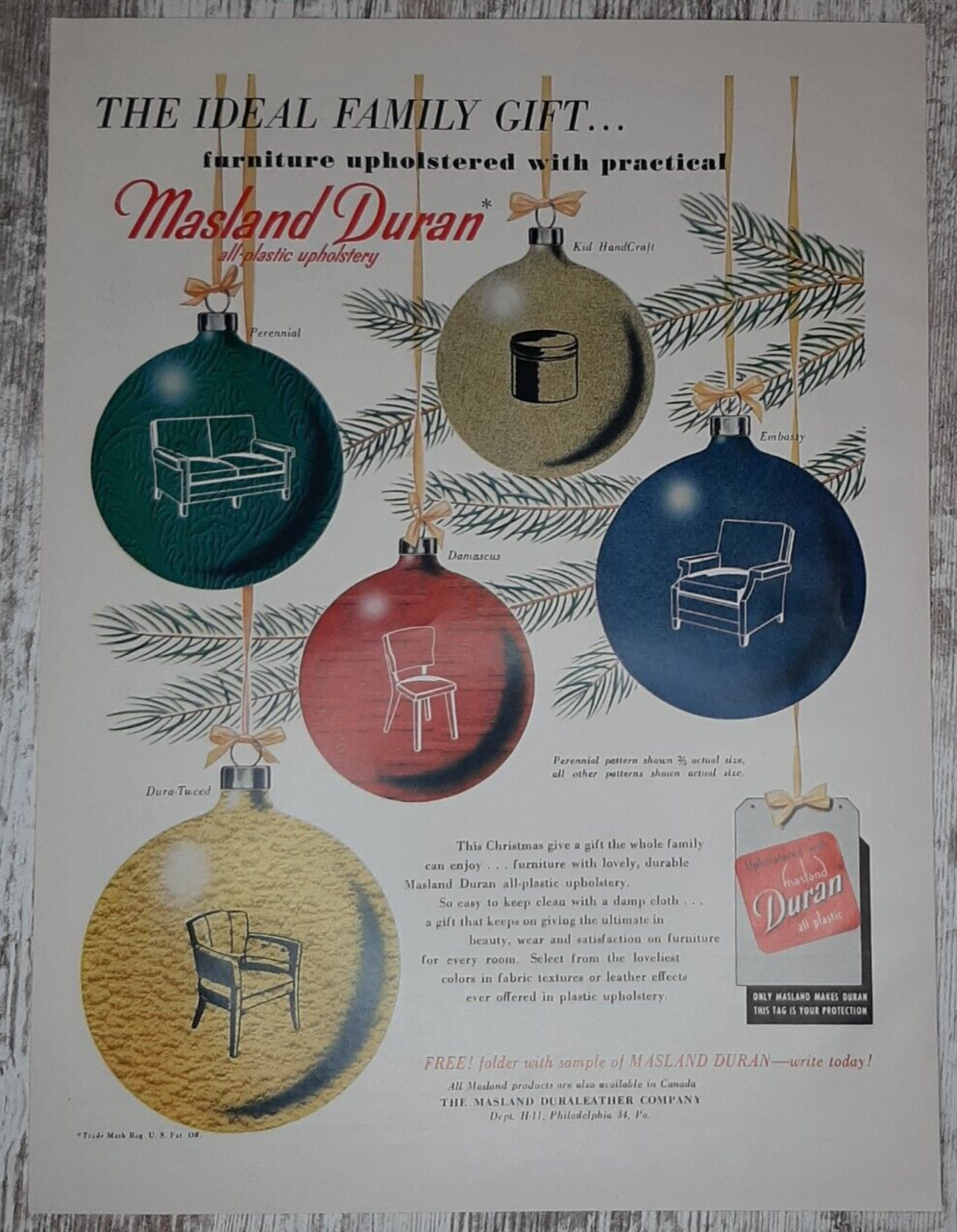 1952 Masland Duran Vintage Print Ad Upholstery Plastic Leather Christmas Tree