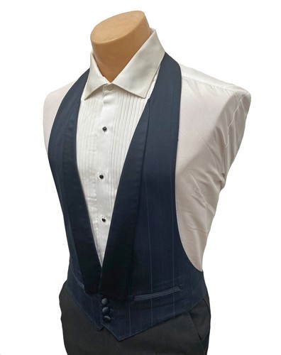 Boy's Size Medium Navy Tuxedo Vest Satin Lapels Open Back Wedding Ring Bearer