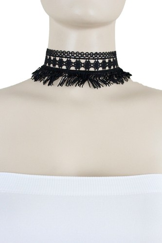 Sexy Women Black Fringes Tassel Fabric Fashion Jewelry Choker Necklace Wide Band - Picture 8 of 10