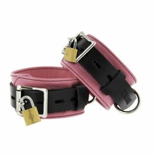 Genuine Leather DELUXE Locking Ankle Cuffs Bracelets Lockable Gothic BLACK PINK