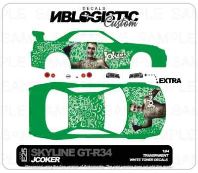 1/64 Scale SKYLINE R34 Custom Universal WaterSlide Decal for Hot Wheels 025.