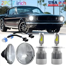 Pair Fit 1965 -1973 Ford Mustang 7 Inch Round GLASS Led Headlights Hi/Lo Beam AA