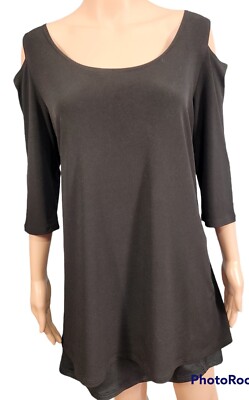 Clara Sun Woo Top L Cold Shoulder Black Stretch Straight Hem 3/4 Sleeves USA
