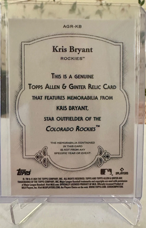 2024 Topps Allen & Ginter - Kris Bryant #AGR-KB - Colorado Rockies - Relic Card - Image 2 of 2