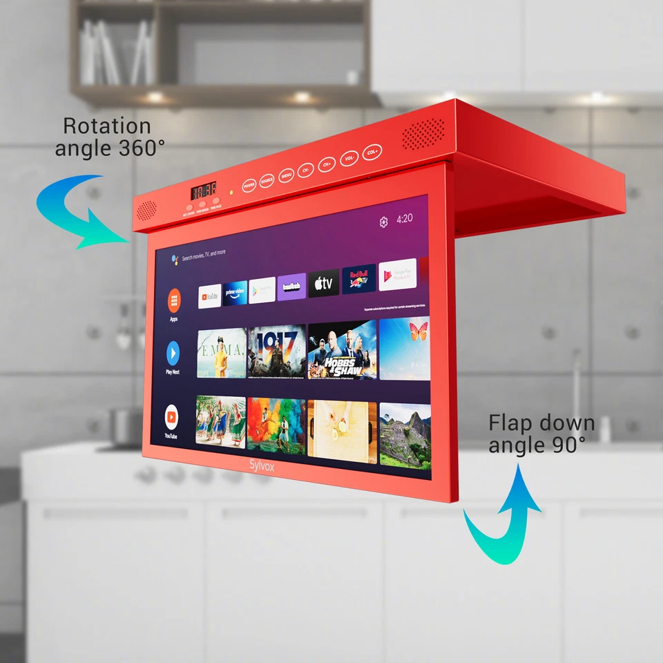 SYLVOX15.6 In Flip Down Smart Google TV ± 180° Rotation for Kitchen Bedroom Red - Image 4 of 4
