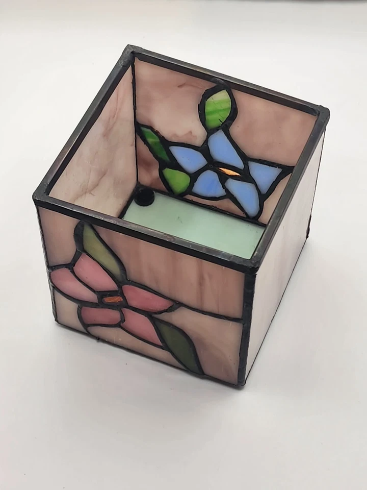 Candelabro hecho a mano resistente vitral floral azul y rosa flores Foto 2 de 4