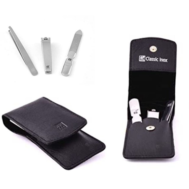 Coffret Manucure Luxe 3 Pièces En Cuir De Bœuf Véritable - Limes Et Ciseaux Acier Inoxydable - Marron - Classic